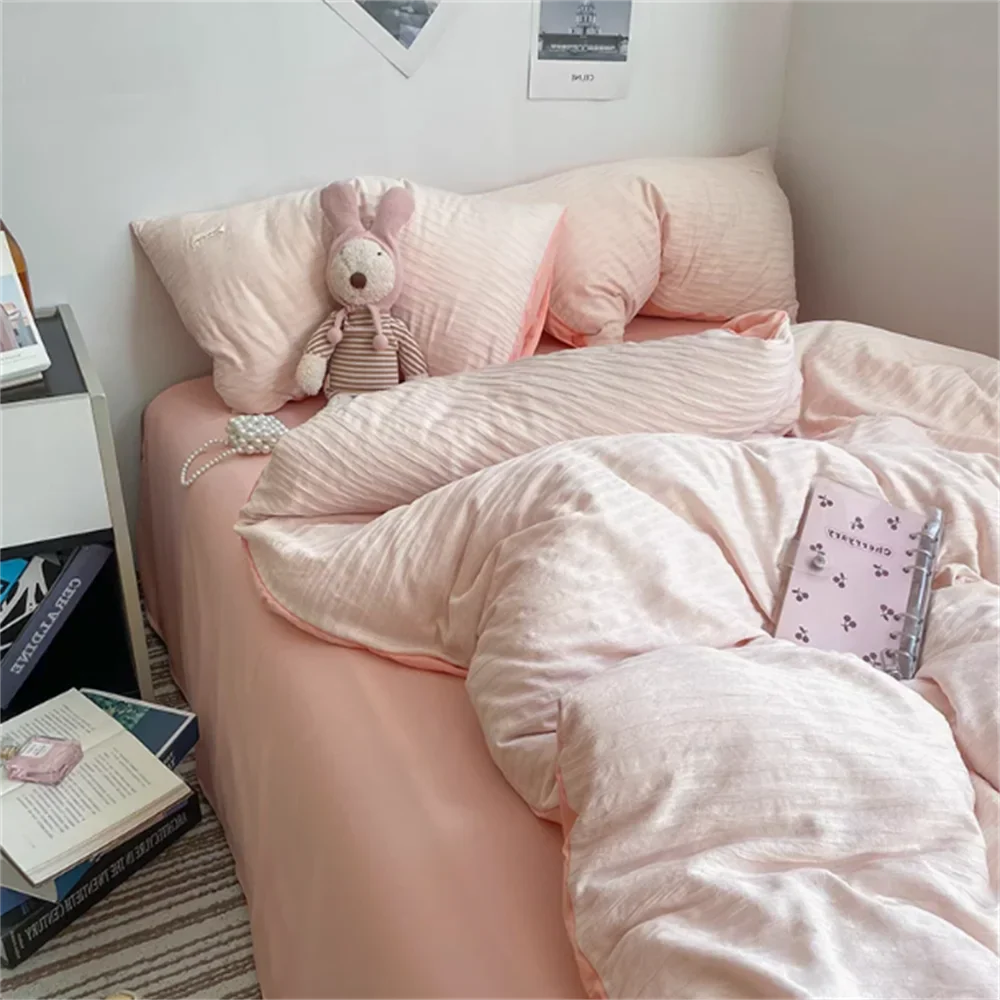 Ins Light Blue Bubble Washed Cotton Bed Sheet Bedding Set Four Piece Set Four Season Duvet Set Nordic Style Three Piece Set