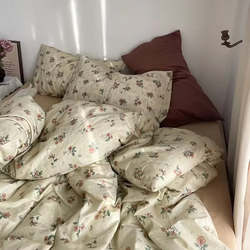 Korean Style Fashion Bedding Set Kids Adults Twin Full Queen Size Blue Bed Flat Sheet Duvet Cover Pillowcases Floral Bed Linen