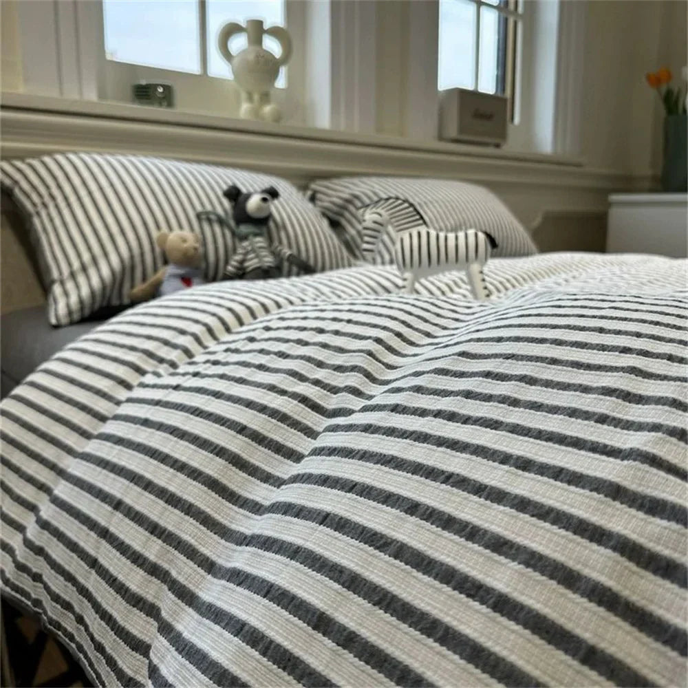 Ins Nordic Duvet Cover Set Quilt Set Minimalist Style Grey Strip Bed Set Of Four Pieces, Home Luxury Bedding Set Bed Sheets