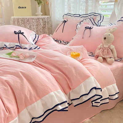 Korean Princess White Bedding Set For Women Double Ruffle Lace Duvet Cover Full Queen Solid Color Comfortable Falt Bed Sheet Set