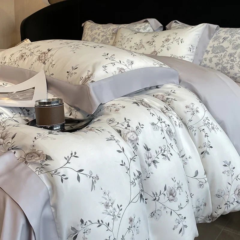Luxury Digital Printing Flowers and Plants Bedding Set Lyocell Eucalyptus Fiber Soft Silky Duvet Cover Bed Sheet Pillowcase 4Pcs