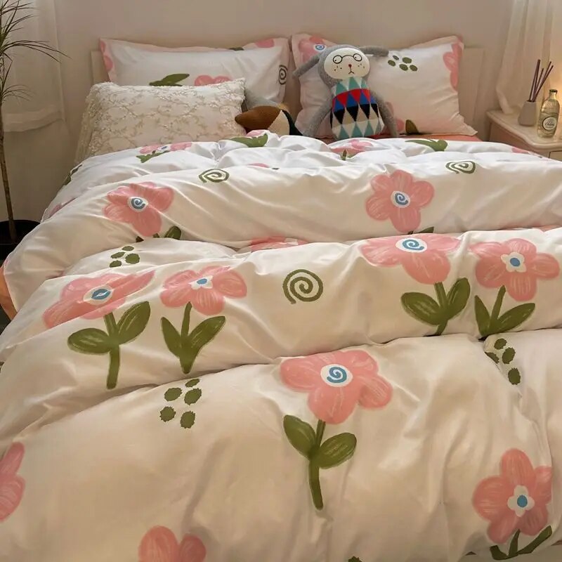 Kawaii Cherry Duvet Cover Set Pillowcase Flat Sheet Floral Boys Girls Twin Full Size Soft Bedding Kit Korean Ins Style Home Use