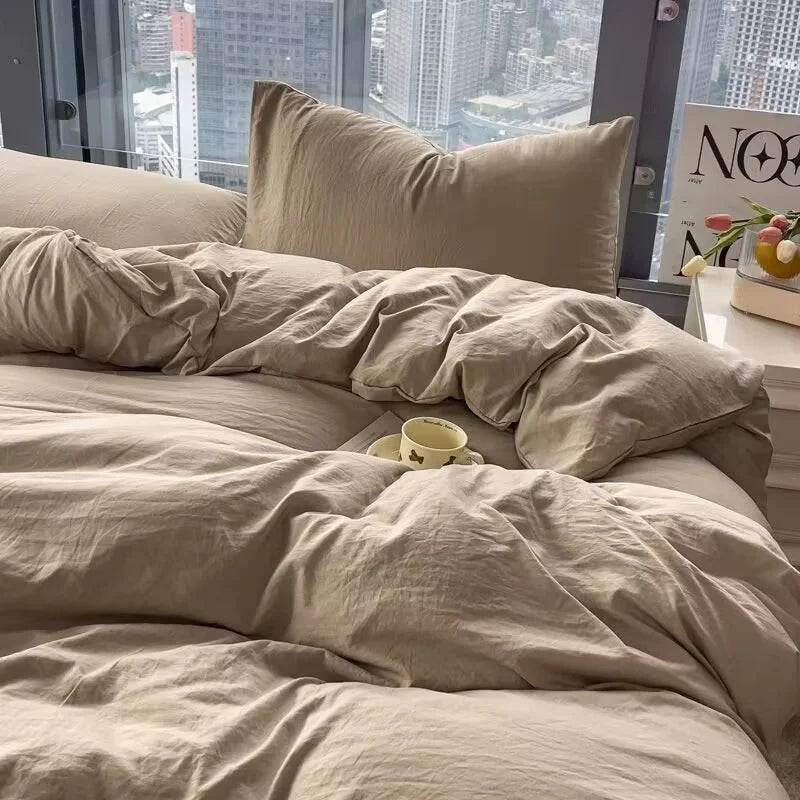 Washed Cotton Bedding Set,Bed Sheet Set, Linen Feel, Super Soft, Comfortable, 4-Piece Duvet Cover Set, Durable and Easy Care