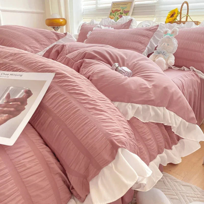 Korean Style Bedding Set Duvet Cover Flat Bed Sheet Bed Skirt Princess Style Ruffle Quilt Cover For Girls Summer Bed Linen