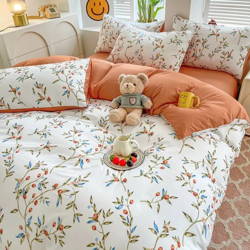 Kawaii Cherry Duvet Cover Set Pillowcase Flat Sheet Floral Boys Girls Twin Full Size Soft Bedding Kit Korean Ins Style Home Use