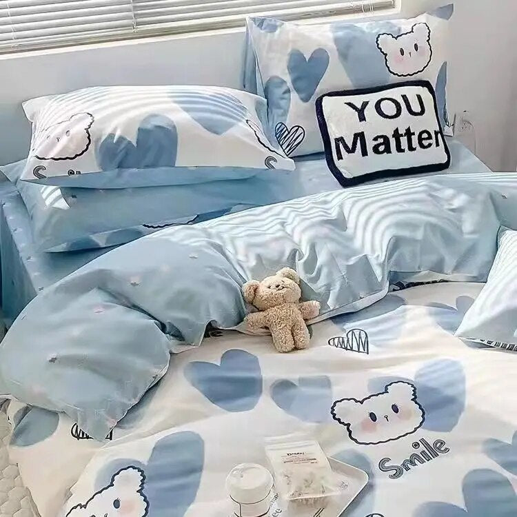Romantic Bedding Set Floral Ins Style Duvet Cover Flat Sheet with Pillowcases Single Queen Full Size Boys Girls Korean Bed Linen