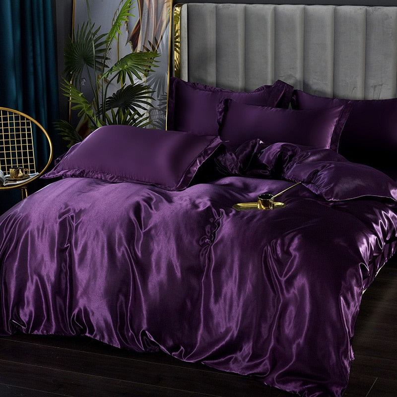 Silk Bedding Set with Duvet Cover Bed Sheet Pillowcase Luxury Satin Bedsheet Solid Color King Queen Full Twin Size