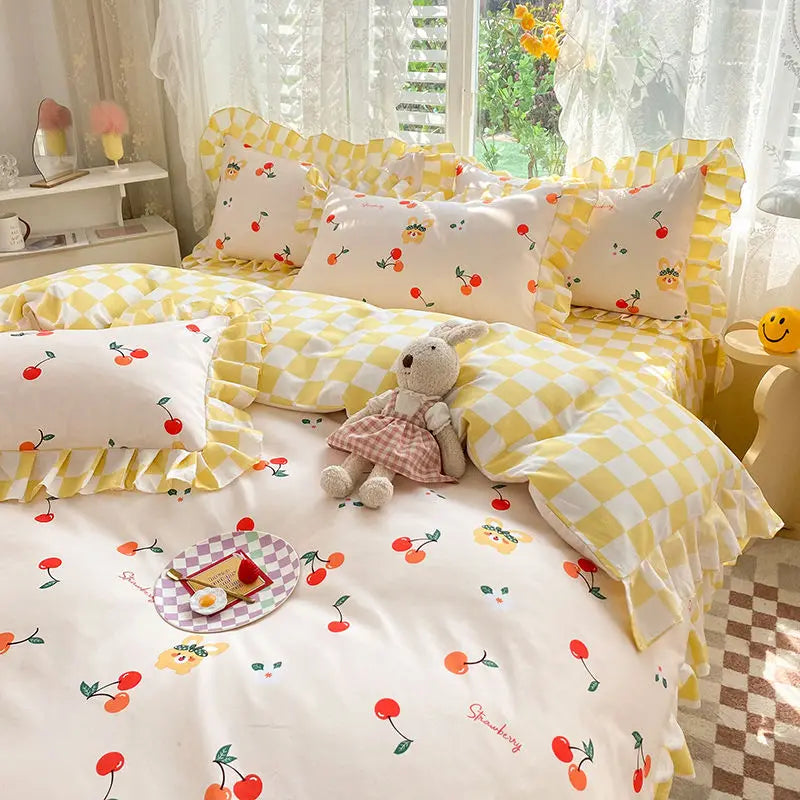 Pink Korean Princess Bedding Set No Filling Cute Strawberry Duvet Cover Checkerboard Single Queen Size Bed Linen Pillowcases