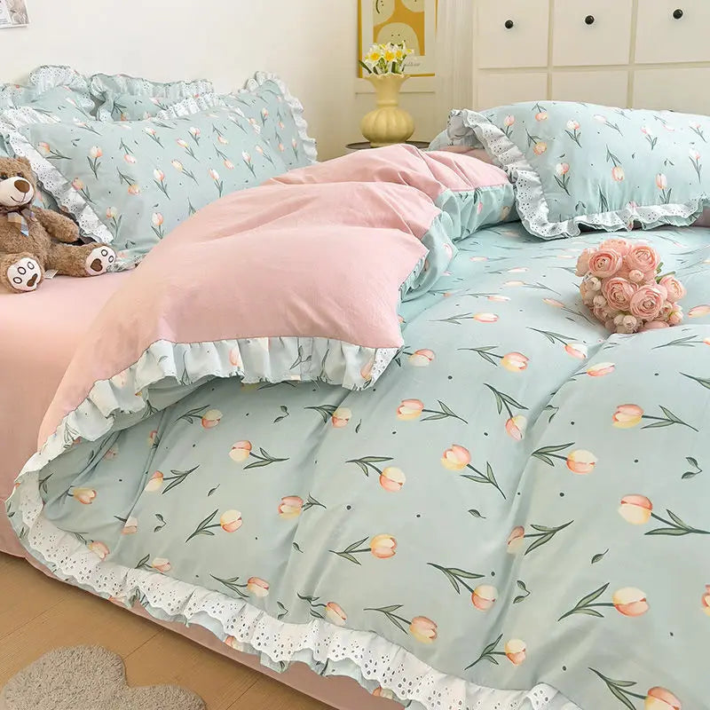Princess Style Lace Ruffles Bedding Set Purple Tulips Duvet Cover and Flat Sheet Pillowcases Girls Romantic Floral Home Textiles