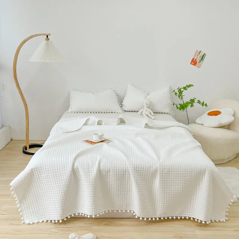 INS Style White Ball Edge Quilted Quilt Blanket Bedspread Washed Solid Color Korean Princess Style Summer Thin Quilt 1/3Pc