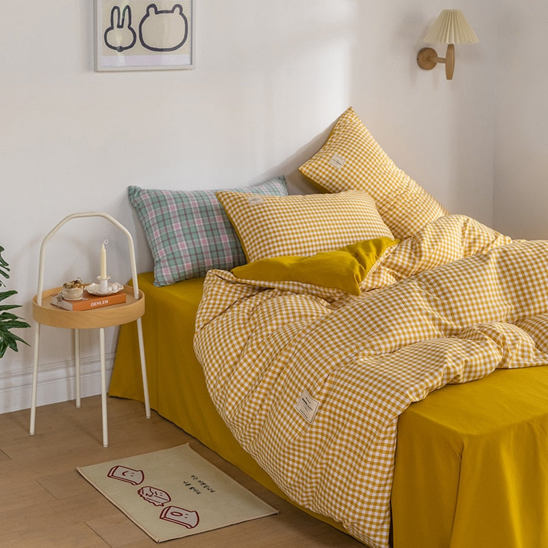Japan Style Plaid Pattern Duvet Cover Set Queen Soft Skin Friendly Washed Cotton Bedding Set Home Textile Bed Linens Quilt Cover
