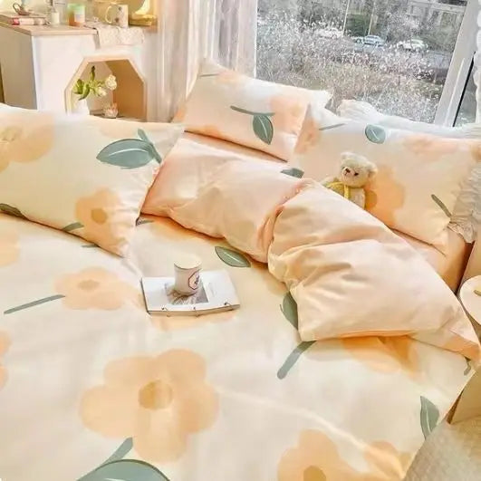 Ins Retro Flower Bedding Set Flat Bed Sheet Pillowcase Twin Full Queen Size Bed Linen Women Girls Caramel Floral Duvet Cover Set