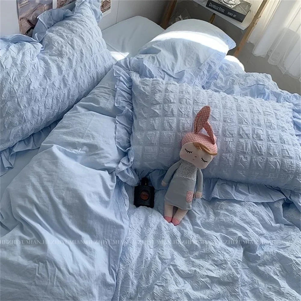 INS Girl Blue Bedding Sets Solid Color Seersucker Ruffles Lace  Kawaii Soft Sheet Woman Duvet Cover Pillow Covers Quilt Cover