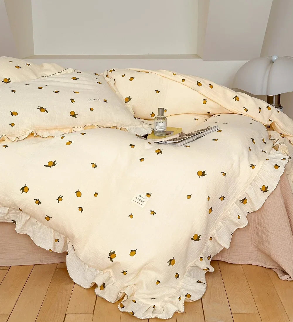 INS Princess Ruffle Edge Gauze 100% Cotton Pillow Case Breathable Duvet Cover Without Filler 3PCS Floral Home Bedding Set