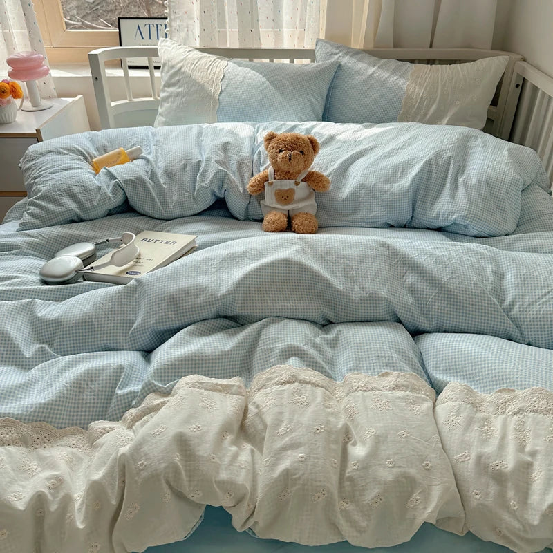 Plaid Pattern Bedding Set INS Princess Soft Washed Cotton Bed Flat Sheet Twin Queen Double Size Duvet Set Pillowcase Bed Linens