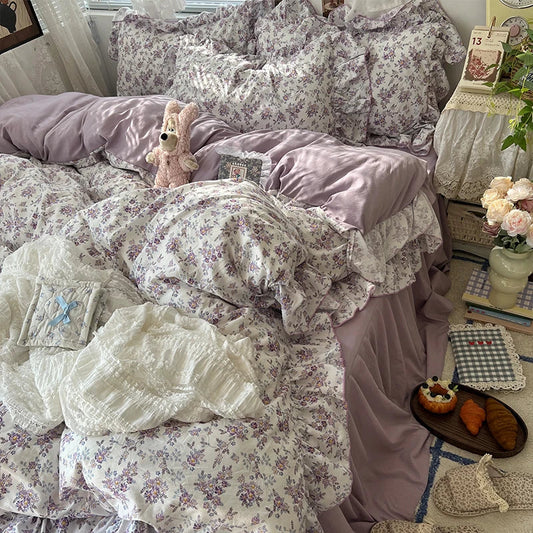 3/4Pcs Korean Princess Style Floral Ruffles Bedding Set Skin-friendly Soft Duvet Cover Set Bed Sheet Or Bed Skirt Pillowcases