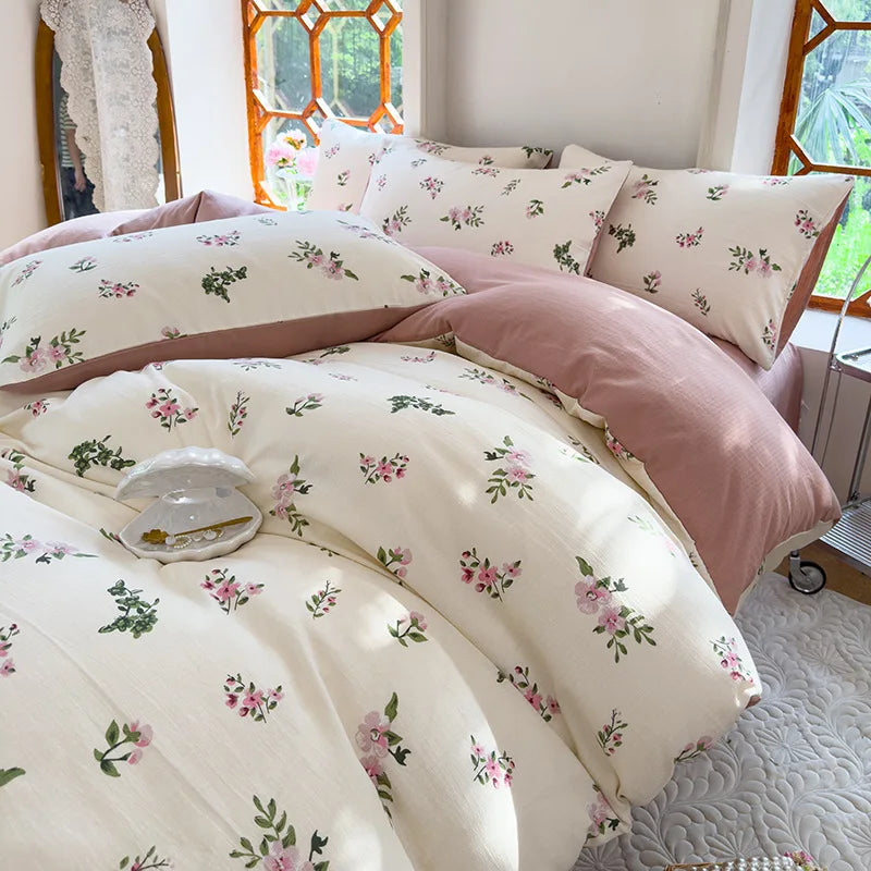 Vintage Floral Style Bedding Set No Filler Soft Fall Winter Thickening Duvet Cover Flat Sheet Pillowcase Full King Bed Linen