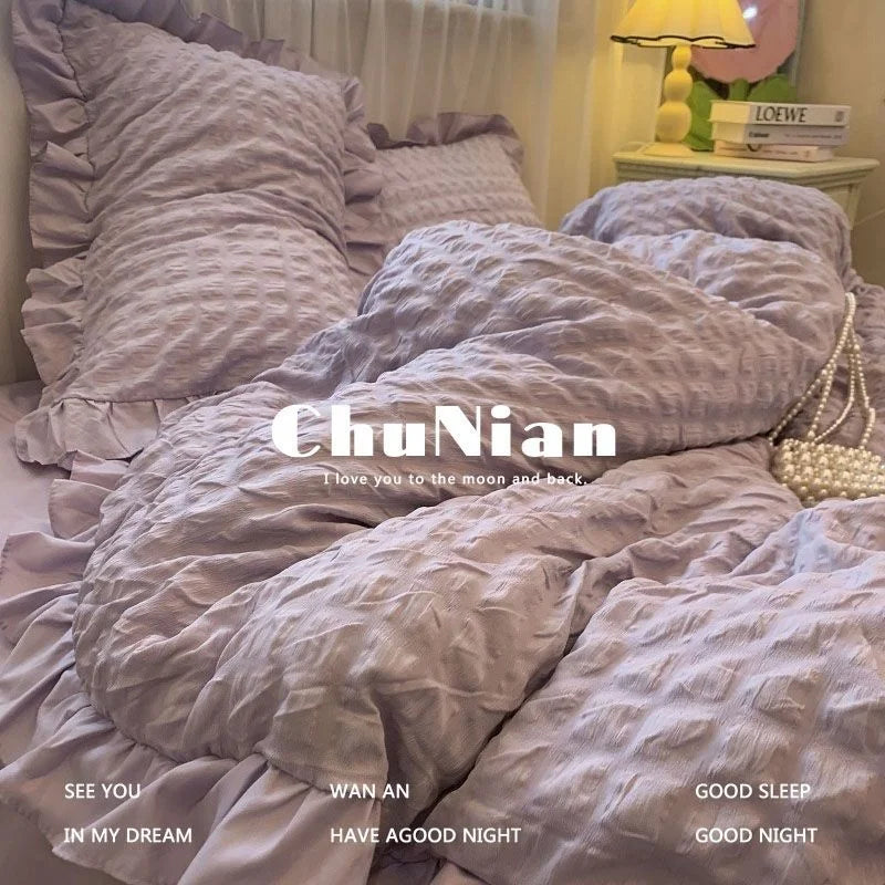 INS Girl Blue Bedding Sets Solid Color Seersucker Ruffles Lace  Kawaii Soft Sheet Woman Duvet Cover Pillow Covers Quilt Cover