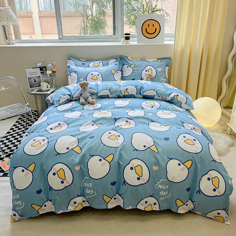 Floral Printed Duvet Cover Set with Sheet Pillowcases Warm Cute Cartoon Bed Linen Full Queen Size Home Gift Bedding Set