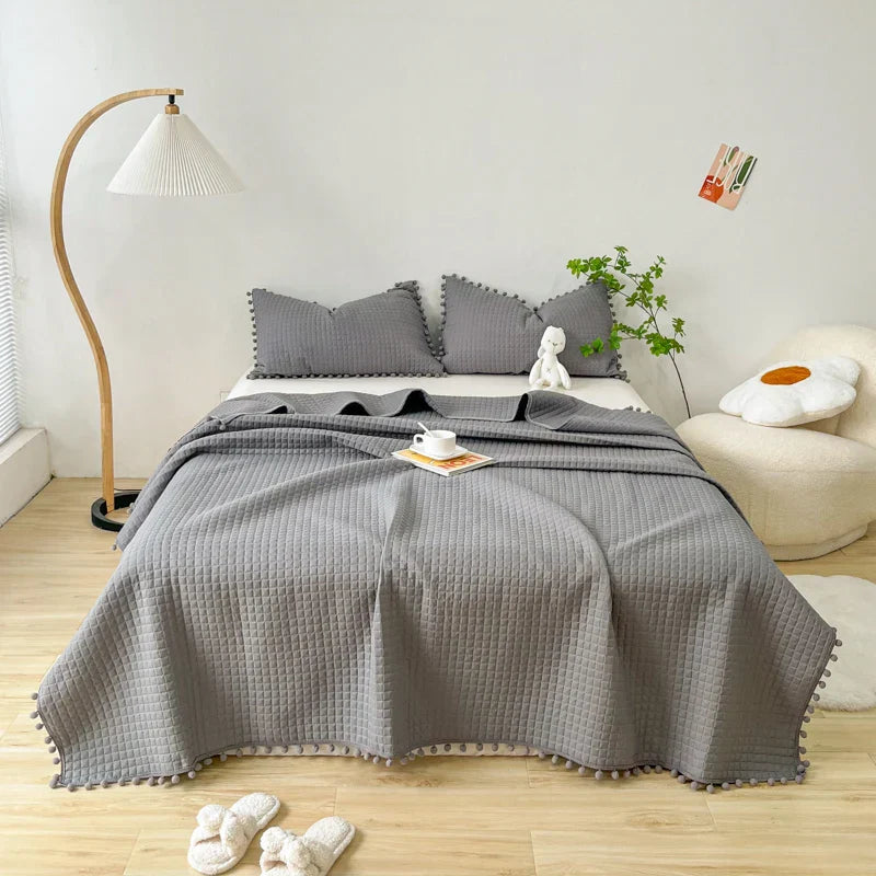 INS Style White Ball Edge Quilted Quilt Blanket Bedspread Washed Solid Color Korean Princess Style Summer Thin Quilt 1/3Pc