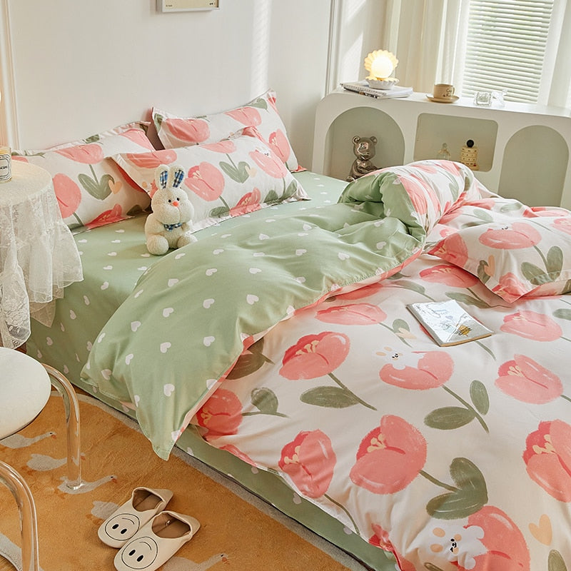 Kuup 3-4pcs Cartoon Bedding Set Duvet Cover Set Soft Bedding Printing Bed Linen Queen Size Bedding Set Fashion Design For Girl