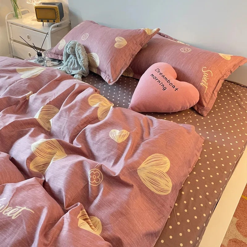 Ins Princess Pink Heart Duvet Cover Home Textile Pillow Case Bed Sheet Kids Girls Bedding Covers Set King Queen Twin Cute Kawaii