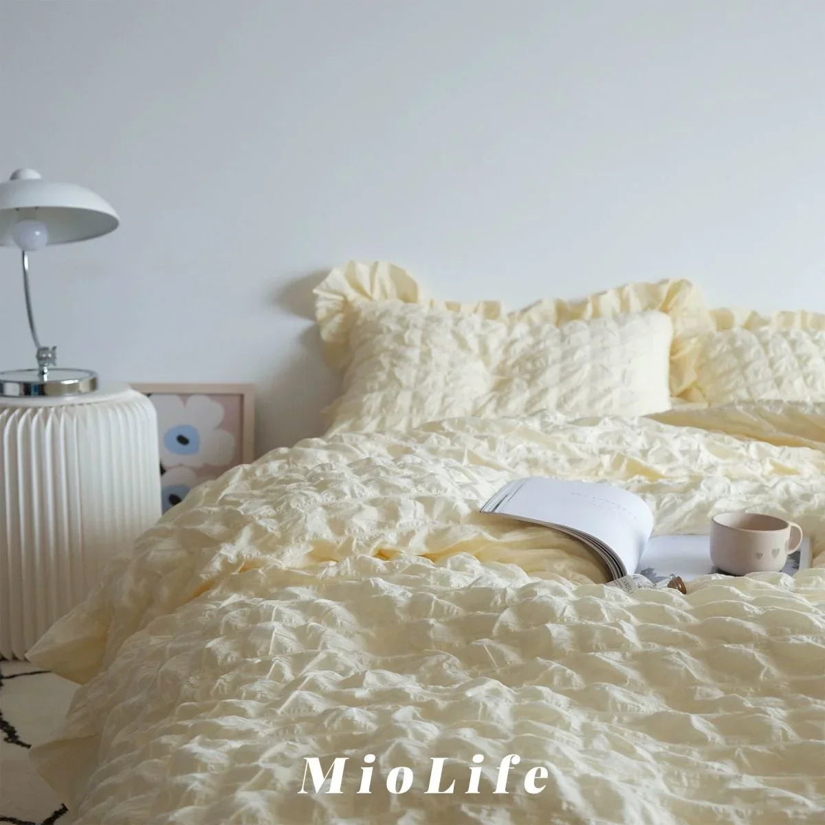 INS Girl Blue Bedding Sets Solid Color Seersucker Ruffles Lace  Kawaii Soft Sheet Woman Duvet Cover Pillow Covers Quilt Cover