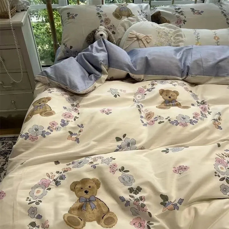 Kawaii Bedding Set Kids Adult Flat Sheet Duvet Cover Pillowcase Single Double Full Size Bed Linen Floral Cherry Home Textile