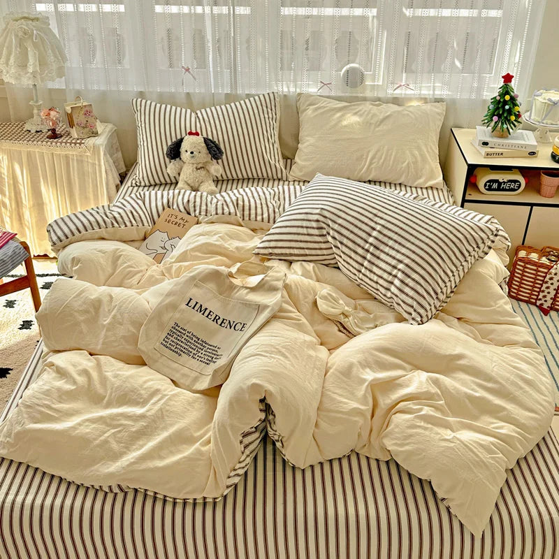 Striped Bedding Set Ins Korean Duvet Cover Set Flat Sheets Set With 2 Pillowcases Single Twin Full Queen Size Bed Linen Set