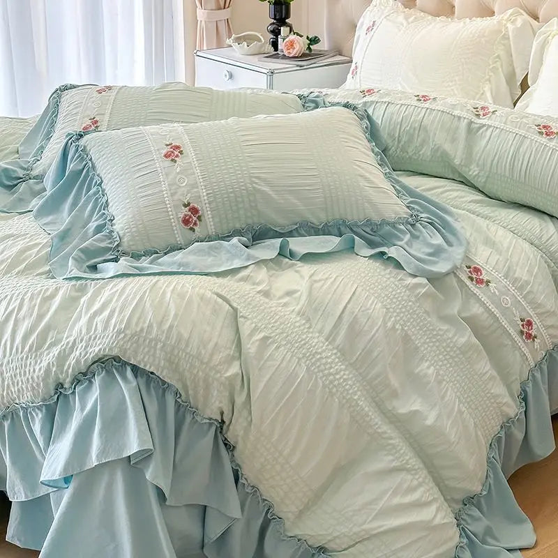 Lace Bedding Set for Girls, Princess Duvet Cover with Sheet, Soft Washed Cotton, French Romantic Home Textiles, Elegant and Soft