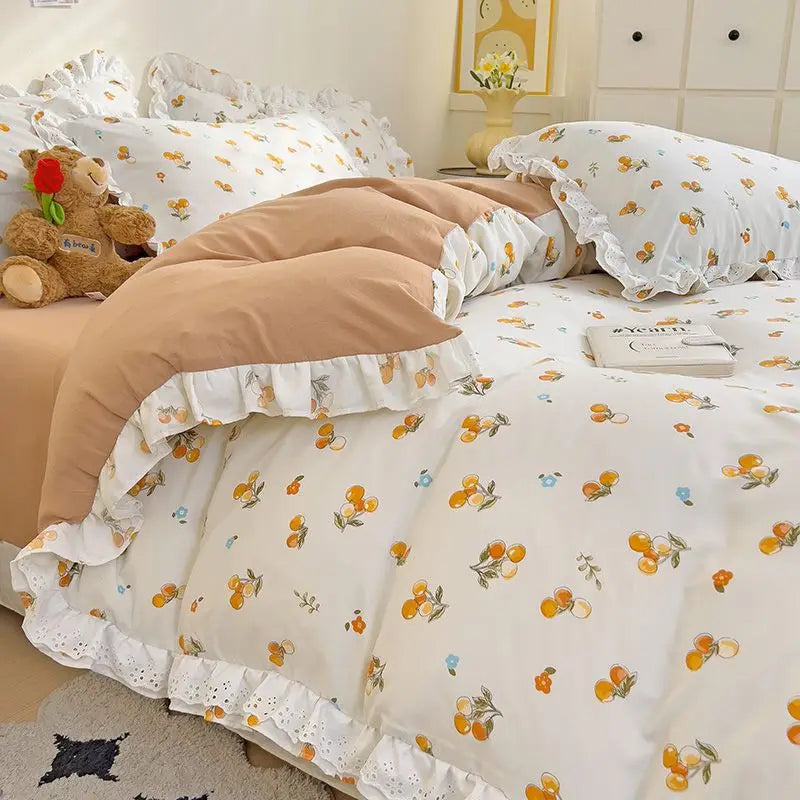 Princess Style Lace Ruffles Bedding Set Purple Tulips Duvet Cover and Flat Sheet Pillowcases Girls Romantic Floral Home Textiles