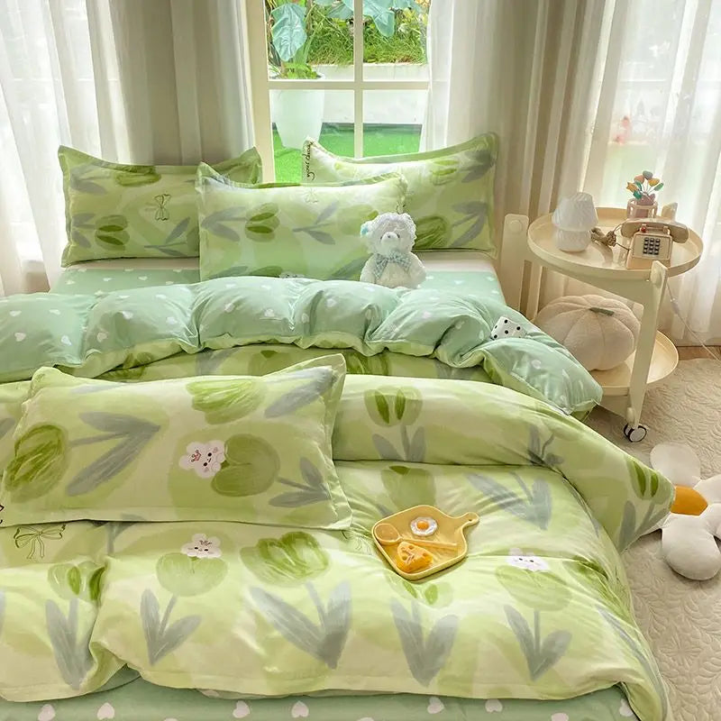 Ins Retro Flower Bedding Set Flat Bed Sheet Pillowcase Twin Full Queen Size Bed Linen Women Girls Caramel Floral Duvet Cover Set