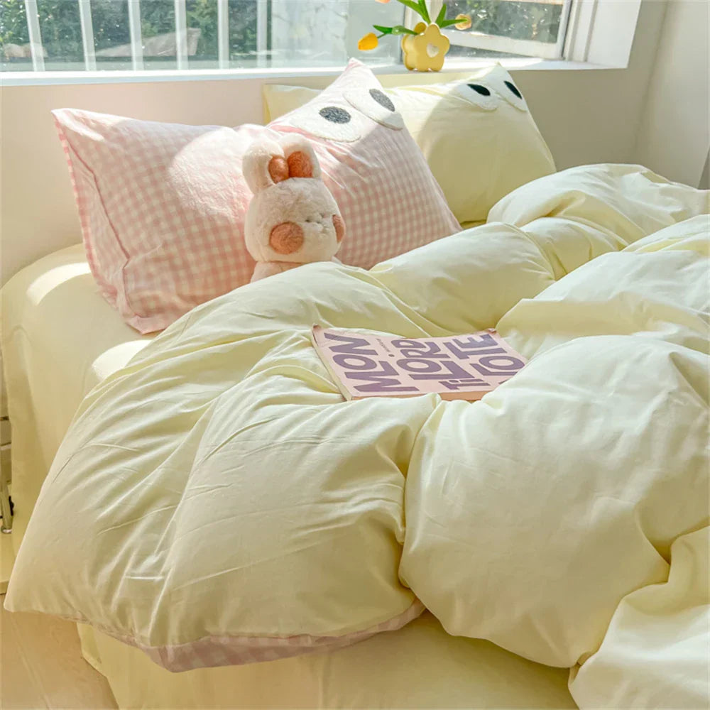 Cute Big Eyed Four Piece Set Plaid Duvet Cover Set With Sheet Bedroom Decor Skin Friendly Single Double Bedding Set Home Textile