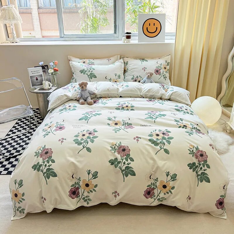 Floral Printed Duvet Cover Set with Sheet Pillowcases Warm Cute Cartoon Bed Linen Full Queen Size Home Gift Bedding Set