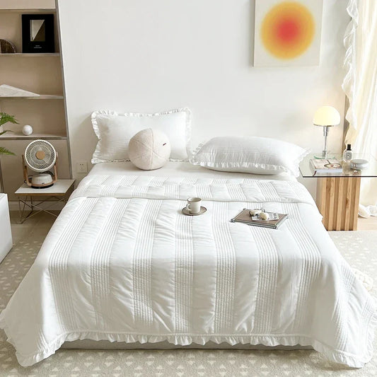 INS Style White Pink Quilted Ruffles Quilt Blanket Bedspread Washed Solid Color Korean Princess Style Summer Thin Quilt 1/3Pc