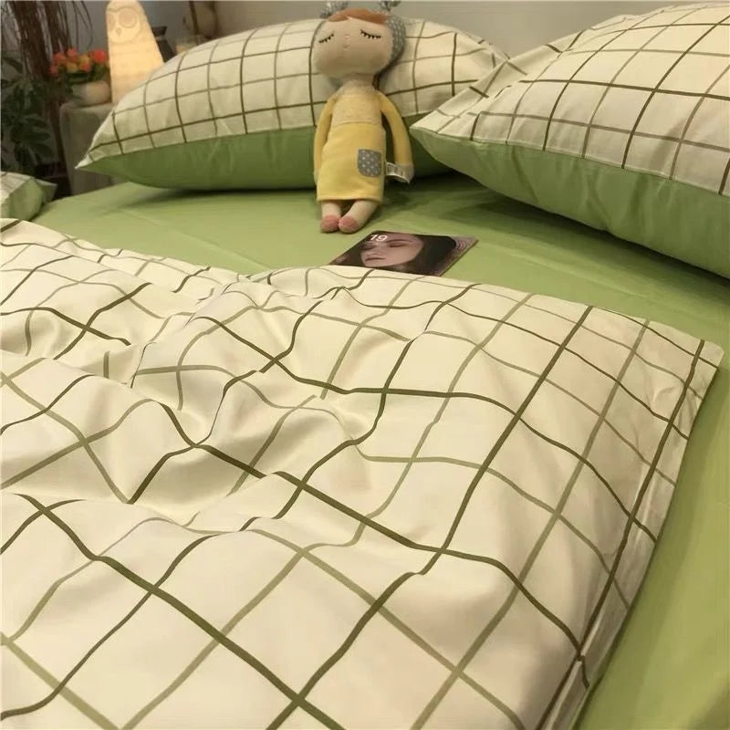 Nordic Simple Small Check Dark Green Bedding Set Soft High Quality Quilt Cover Polyester Aesthetic Bed Sheet With Pillowcases