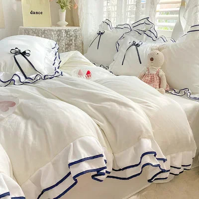 Korean Princess White Bedding Set For Women Double Ruffle Lace Duvet Cover Full Queen Solid Color Comfortable Falt Bed Sheet Set