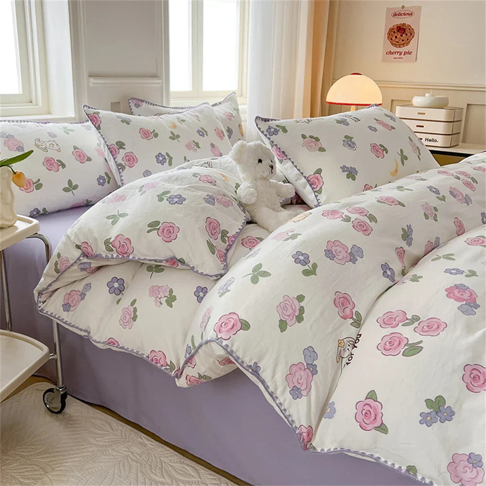 Washed Cotton Duvet Cover Purple Cherry Bed Sheet Pillowcase for Adults and Kids Home Textiles Four-piece Bedding Set