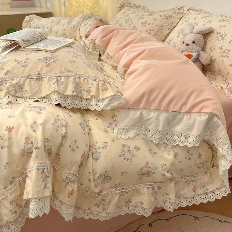 Korean Princess Style Flowers Lace Ruffles 100% Cotton Bedding Set Duvet Cover Bed Sheet/Fitted Sheet/Bed Skirt Pillowcases 4Pcs