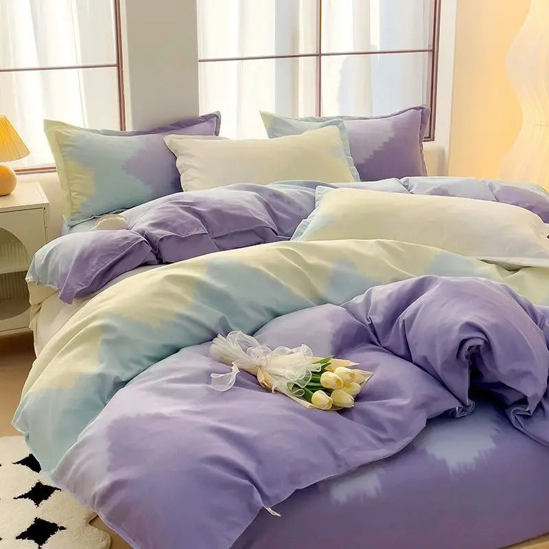 INS Gradient Color Bedding Set Adult Girl Fashion Duvet Cover Soft Washed Cotton Quilt Cover Flat Bed Sheet Pillowcase