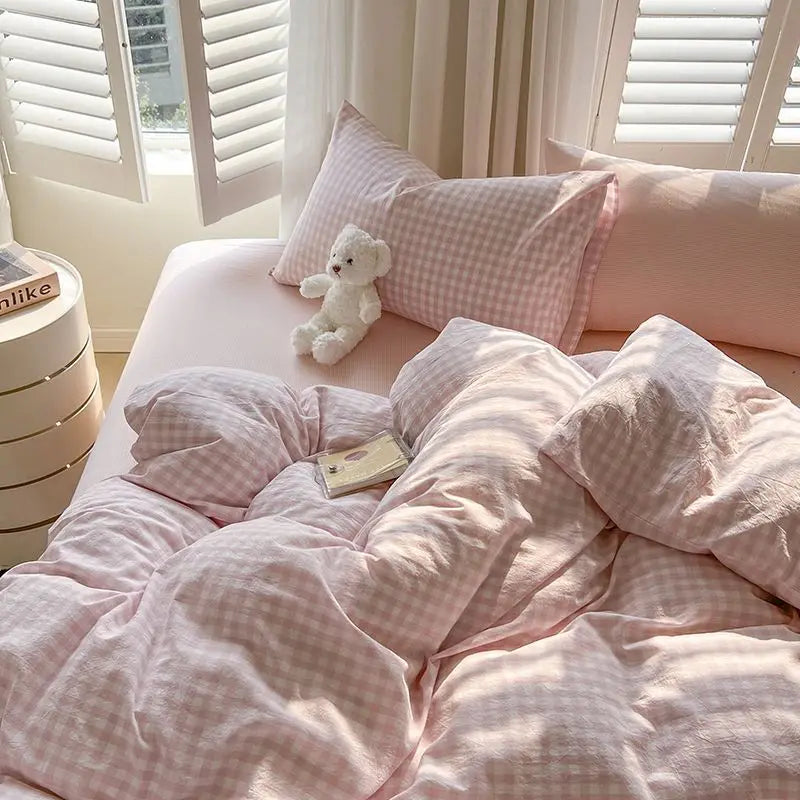 Green Nordic Bedding Set Ins Plaid Girls Boys Double Queen Size Duvet Cover Flat Sheet Pillowcase New No Filler Bed Linens