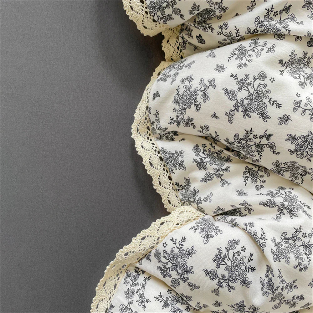 INS Girls Cherry Soft Bedding Set Washed Cotton Bed Sheet Queen King Size Duvet Set Flower Comforter Set Pillowcase Bed Linens