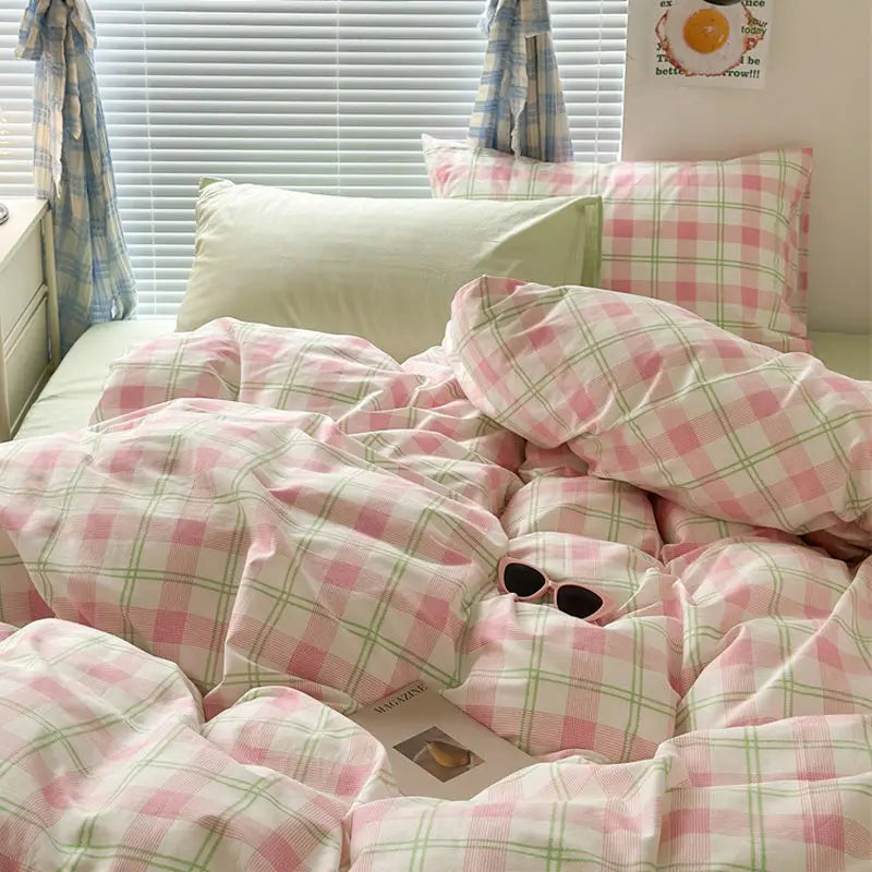 Japanese Style Duvet Cover Set No Filler Blue Plaid Pillowcase Flat Sheet Nordic Single Queen Size Bedding Set