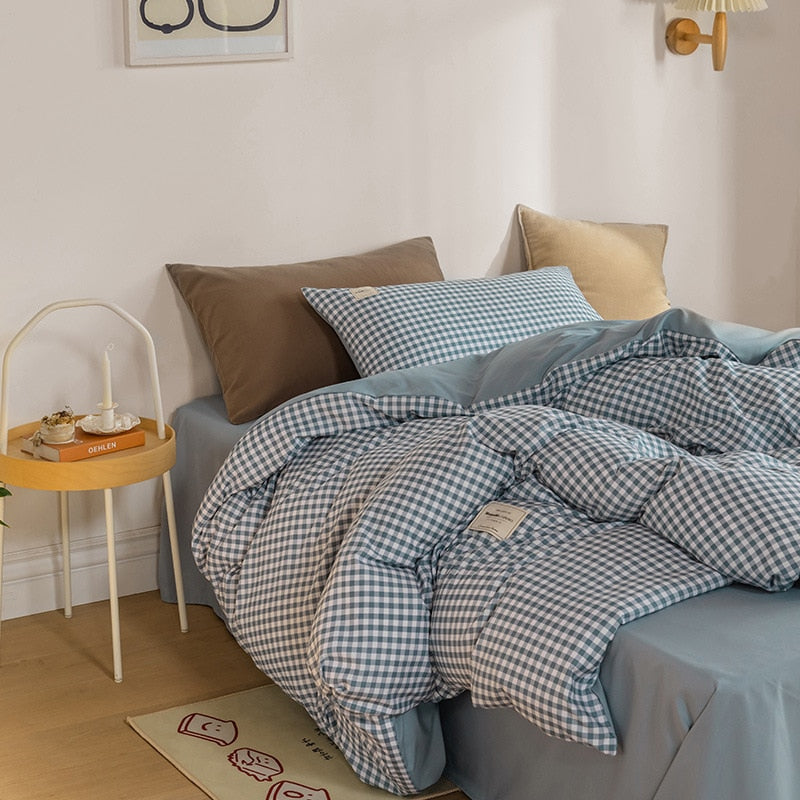 Japan Style Plaid Pattern Duvet Cover Set Queen Soft Skin Friendly Washed Cotton Bedding Set Home Textile Bed Linens Quilt Cover