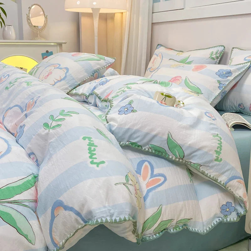 INS Girls Cherry Bedding Set Soft Washed Cotton Bed Sheet Queen King Size Simple Quilt Cover Pillowcase Bed Linens