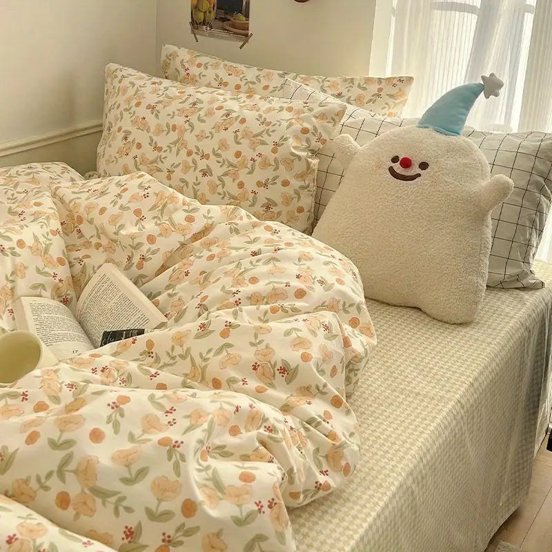 Ins Retro Flower Bedding Set Flat Bed Sheet Pillowcase Twin Full Queen Size Bed Linen Women Girls Caramel Floral Duvet Cover Set