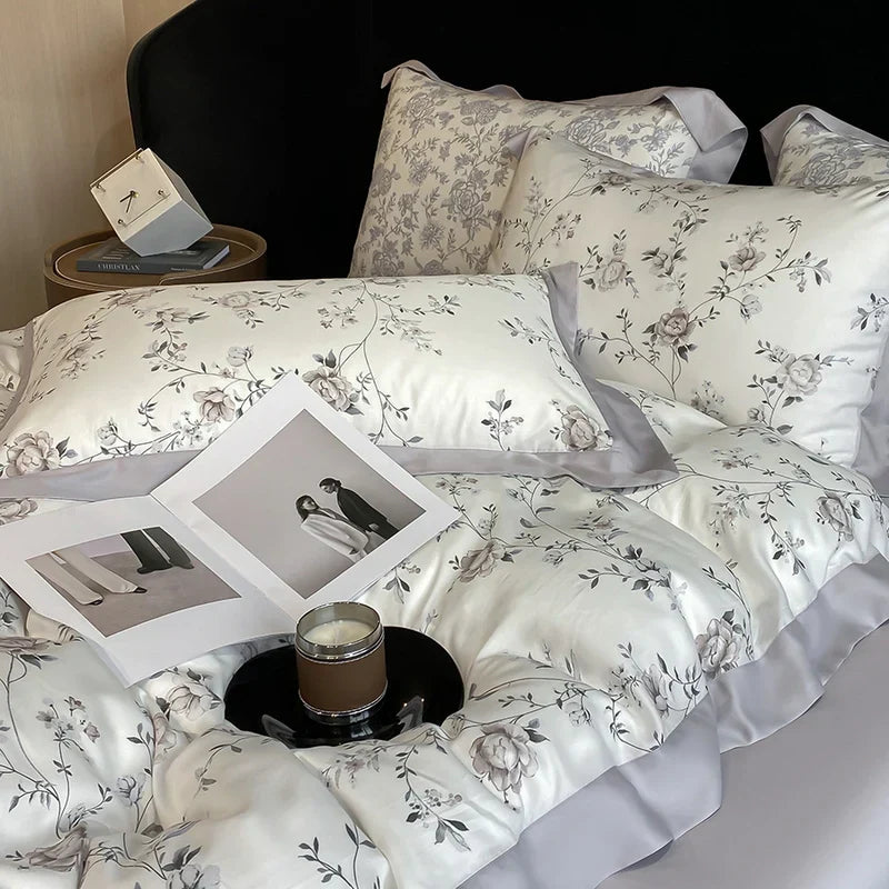 Luxury Digital Printing Flowers and Plants Bedding Set Lyocell Eucalyptus Fiber Soft Silky Duvet Cover Bed Sheet Pillowcase 4Pcs