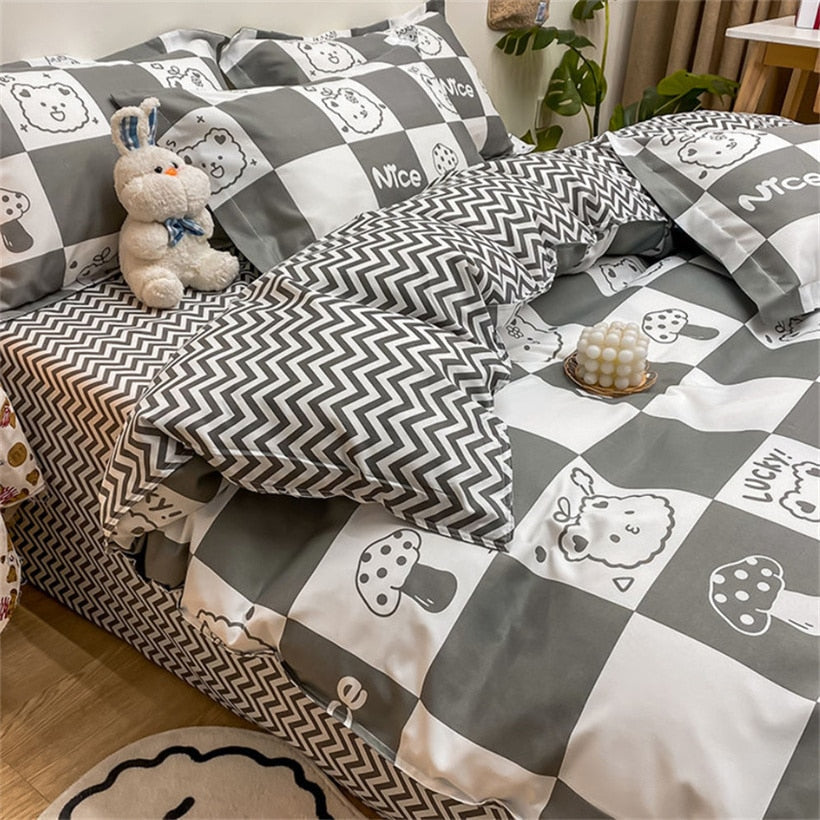 Kids Bedding Set Kawaii Cartoon Printed Duvet Cover Flat Sheet Pillowcase Soft Bed Linens Dormitory Bedroom Home Textile