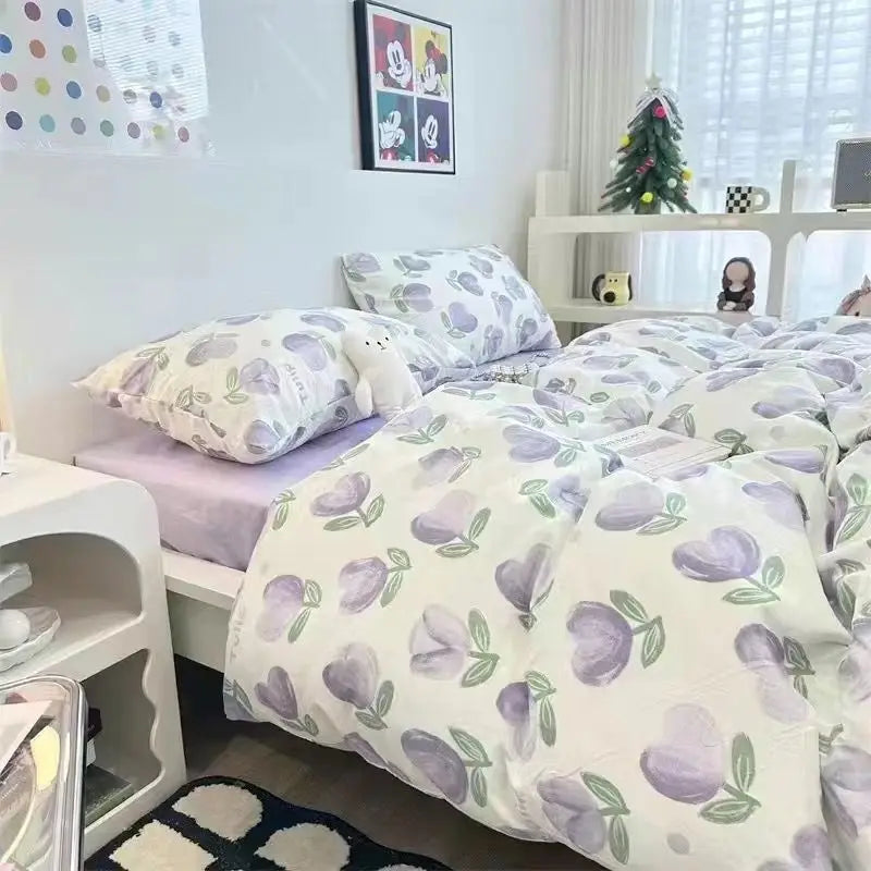 Ins Retro Flower Bedding Set Flat Bed Sheet Pillowcase Twin Full Queen Size Bed Linen Women Girls Caramel Floral Duvet Cover Set