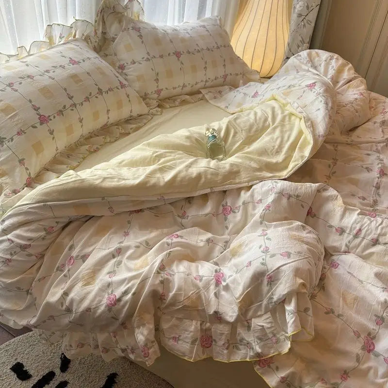 Korean Princess Duvet Cover Set Skin Friendly Wash Cotton Bedding Set Of Four Pieces Lace Bedin Set Bed Sheets Comforter Cover